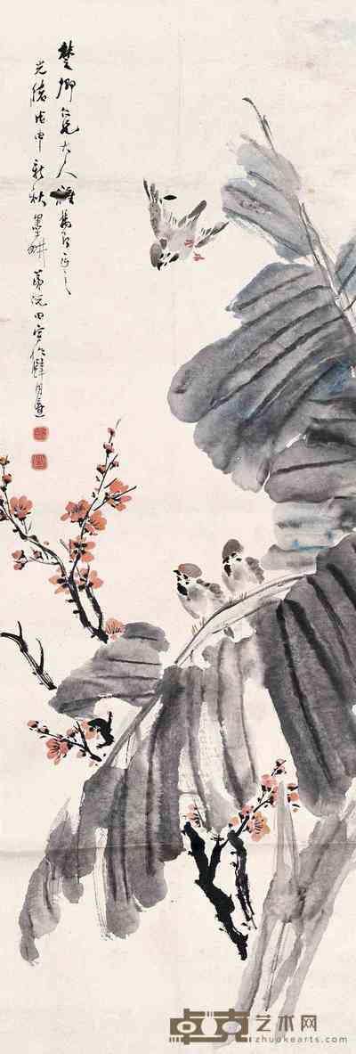 倪墨耕 1908年作 花鸟 镜心 120×40cm